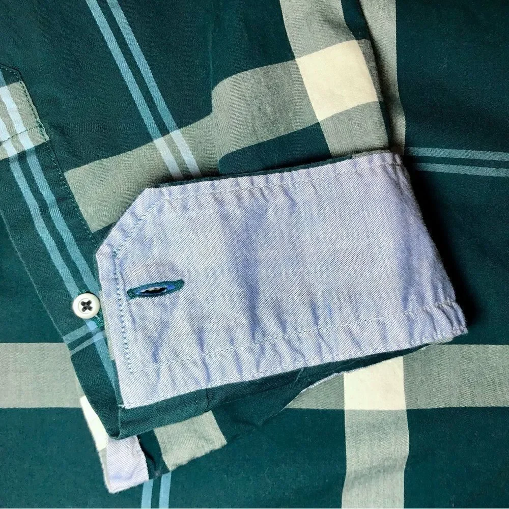 Banana Republic Custom Wash Slim Fit Plaid Shirt in Teal/White Men’s L